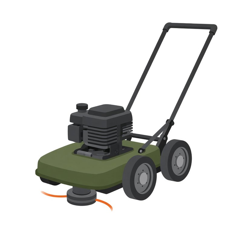 Illustration of a gas walk-behind string mower with large wheels